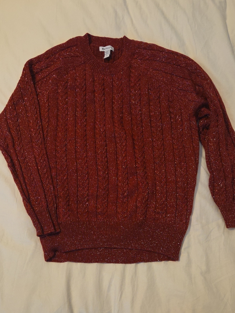 Athleta Burgundy Metallic Cable-Knit Crewneck Sweater